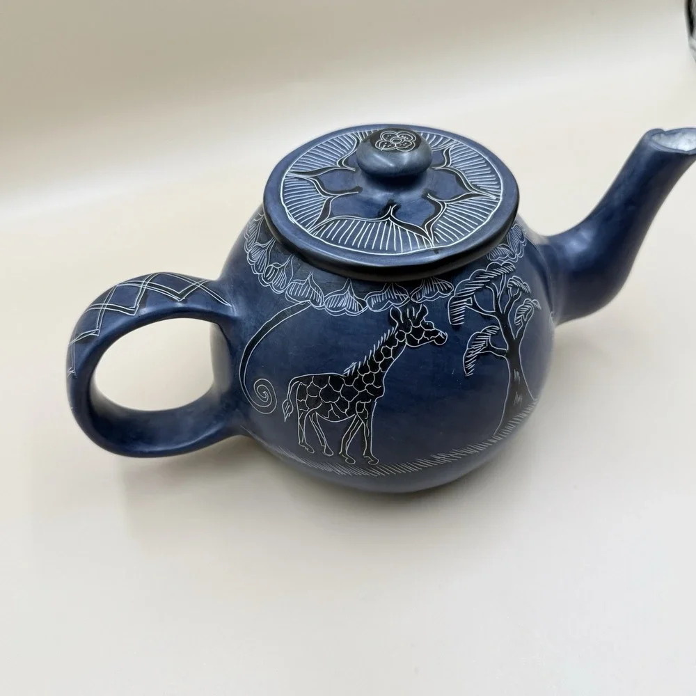 Afrian Soap Stone Tea Pot Etched Hand Painted Giraffe Safari Navy Kitchen